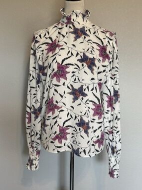 Isabel Marant Etoile Womens FR36 Ivory Floral Puff Sleeve Blouse Viscose